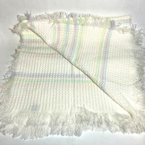 Babycrest Vtg White Sherbet Rainbow Acrylic Waffle Weave Fringe Baby Blanket